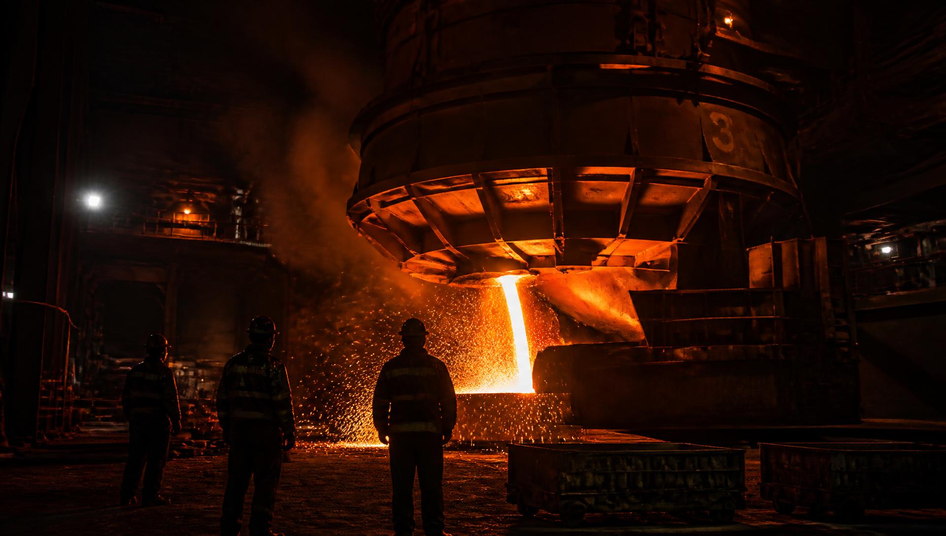 Molten metal tapping from a furnace while a refractory crew observes